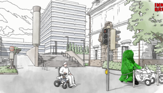 Bildtext: Karikatur über das richtige Abstellen von E-Scootern. (c) Agentur für Zeitreisen.