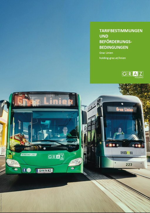 Bildtext: Linienbus und Straßenbahn der Holding Graz Linien mit Überschrift "Tarifbestimmungen".