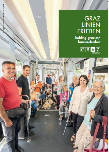 Bildtext: Gruppenfoto mit blinden und sehbehinderten Menschen im Inneren einer Straßenbahn (Foto: Holding Graz Linien).